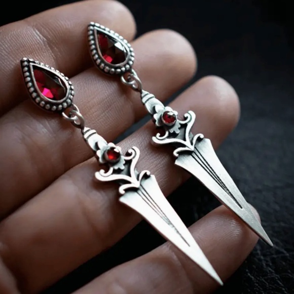 🌼🌼Gothic Punk Vintage Earrings, Dagger Tassel  W/ Red zirconia, Retro Style - Picture 1 of 8
